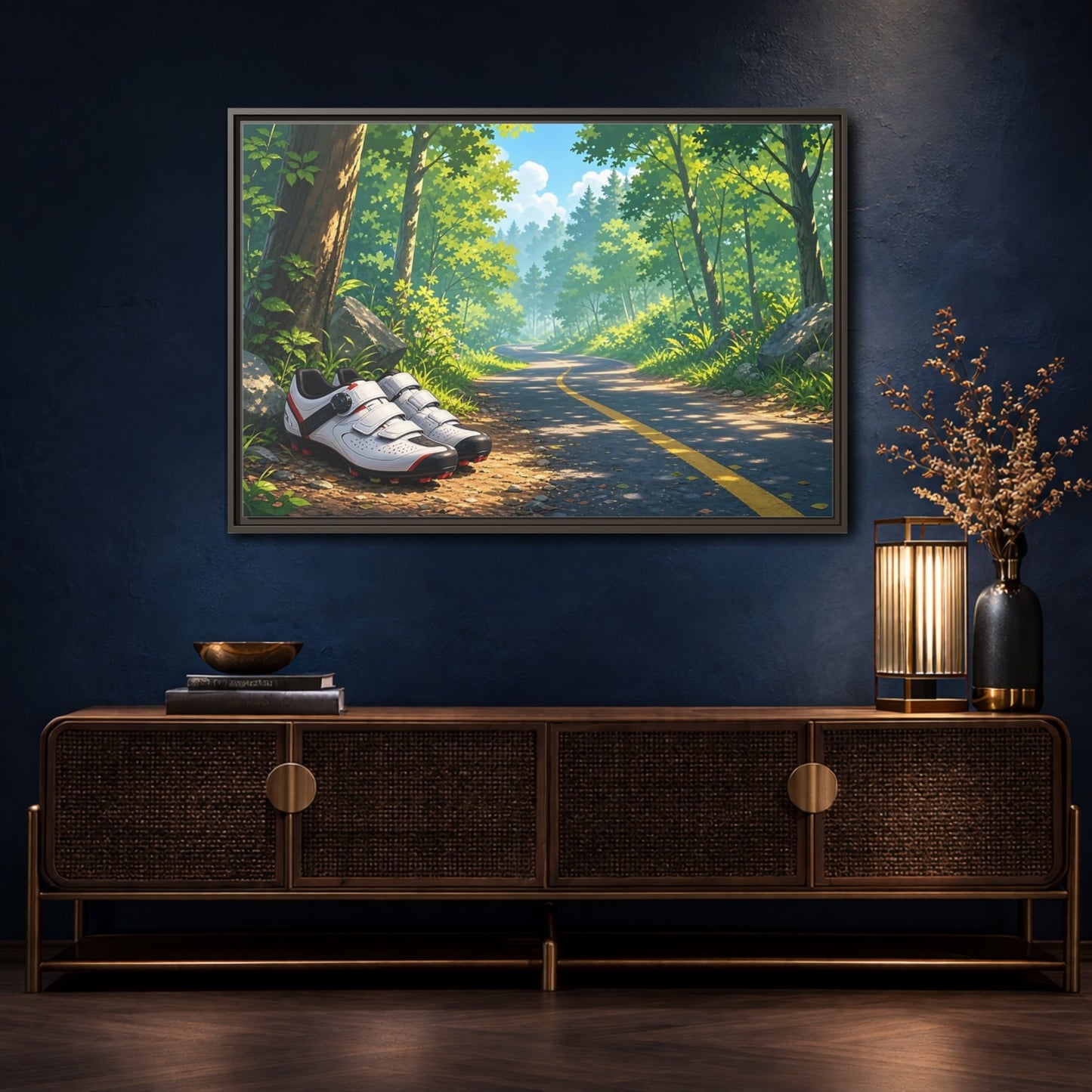 Mockup 4. Nature Cycling Shoes Green Forest Cycling shown as framed canvas print