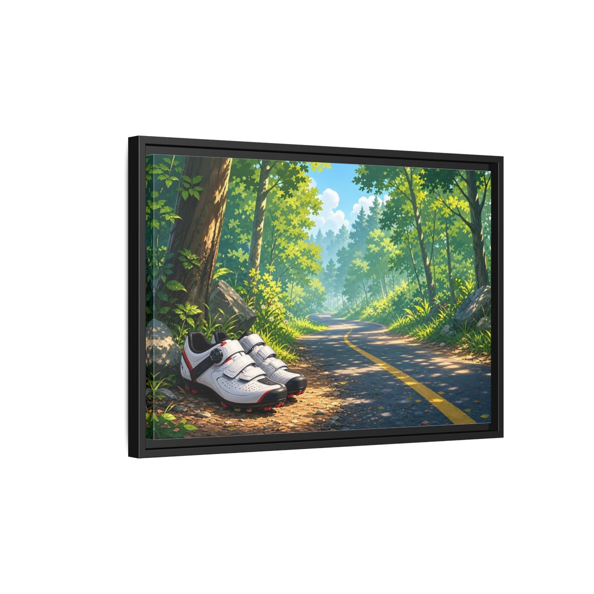 Side Mockup 3. Nature Cycling Shoes Green Forest Cycling shown as framed canvas print