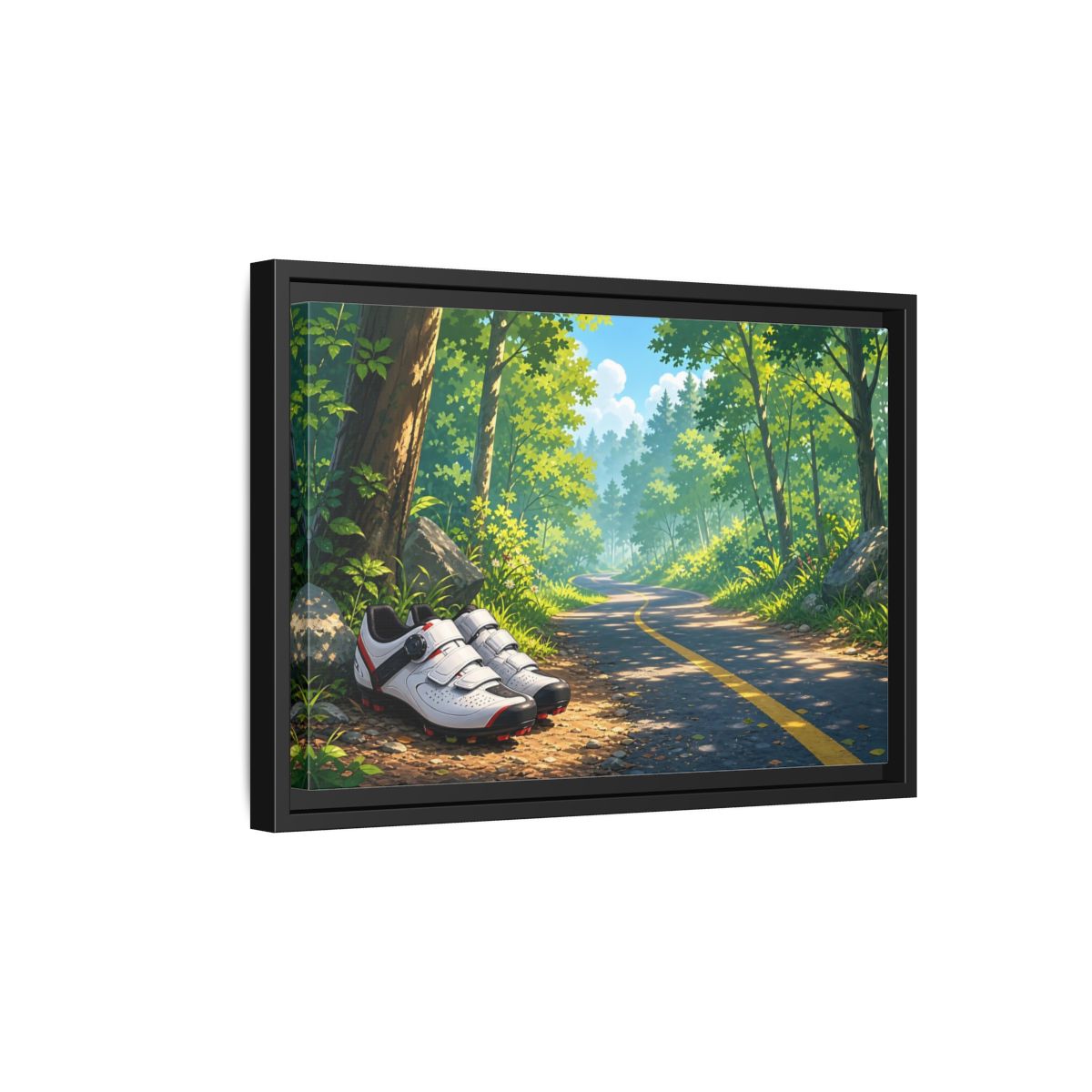 Side Mockup 6. Nature Cycling Shoes Green Forest Cycling shown as framed canvas print