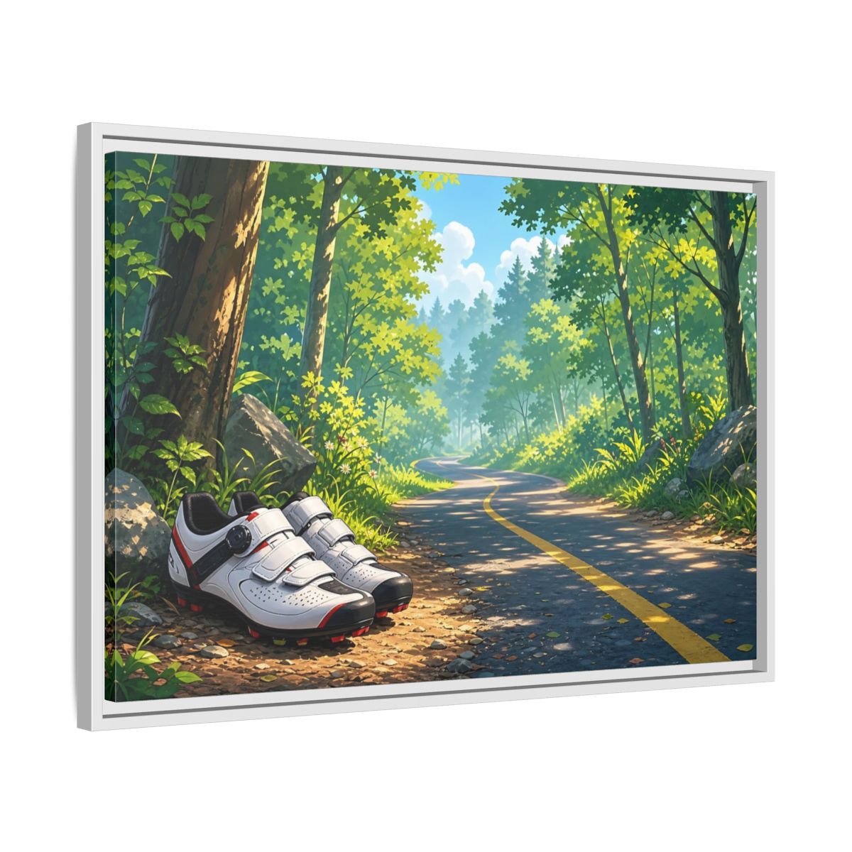 Side Mockup 10. Nature Cycling Shoes Green Forest Cycling shown as framed canvas print