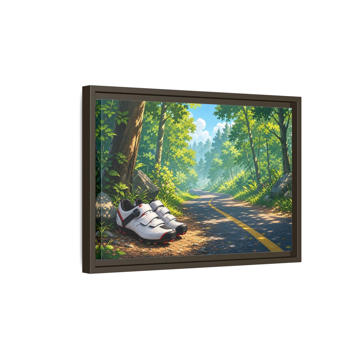 Side Mockup 5. Nature Cycling Shoes Green Forest Cycling shown as framed canvas print