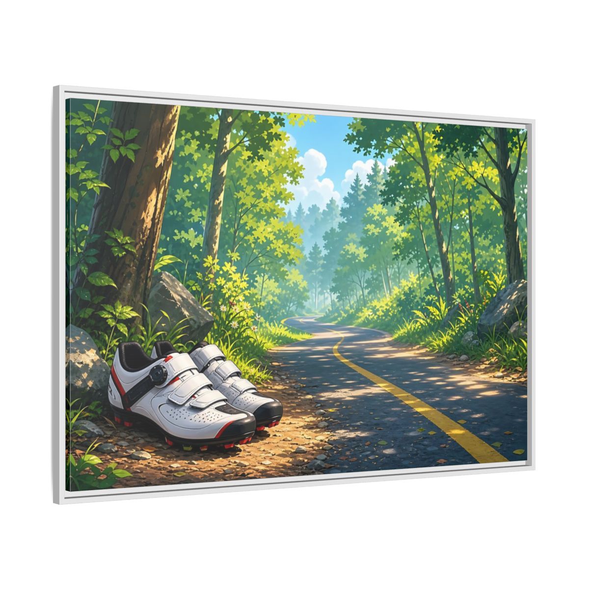 Side Mockup 7. Nature Cycling Shoes Green Forest Cycling shown as framed canvas print