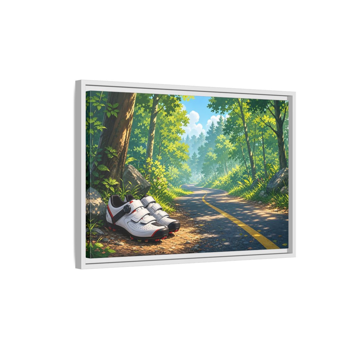 Side Mockup 1. Nature Cycling Shoes Green Forest Cycling shown as framed canvas print