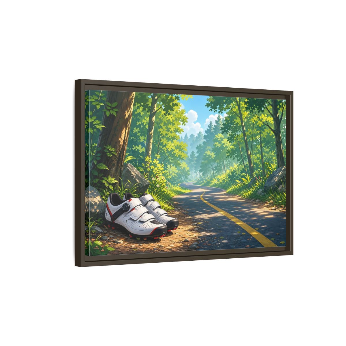 Side Mockup 2. Nature Cycling Shoes Green Forest Cycling shown as framed canvas print