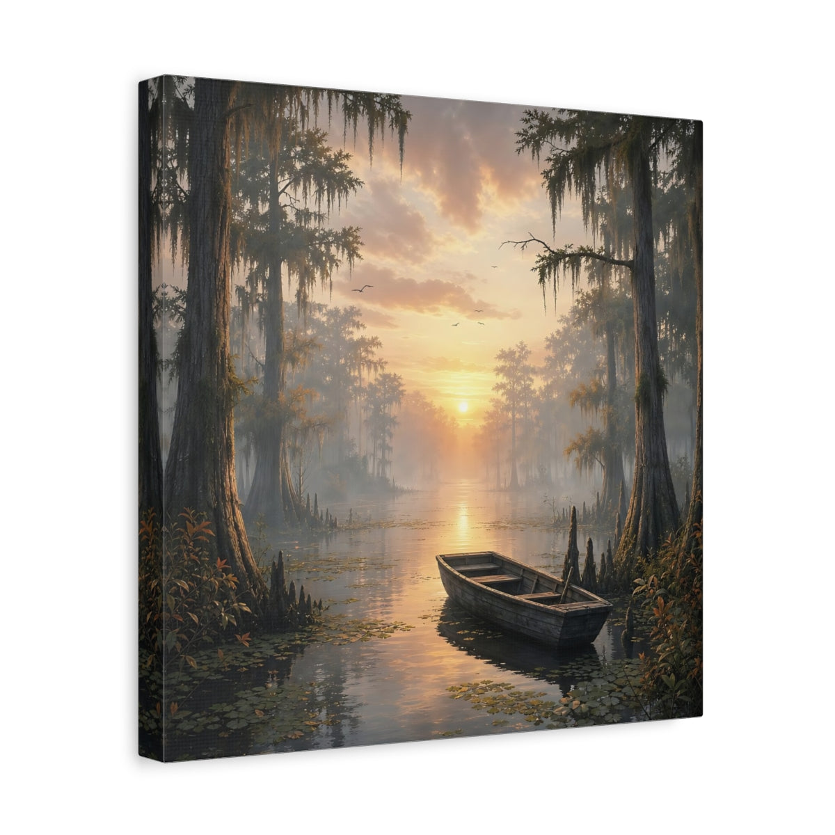 Side Mockup 7. Nature Cypress Swamp Golden Swamp Landscape shown as stretched canvas wall art