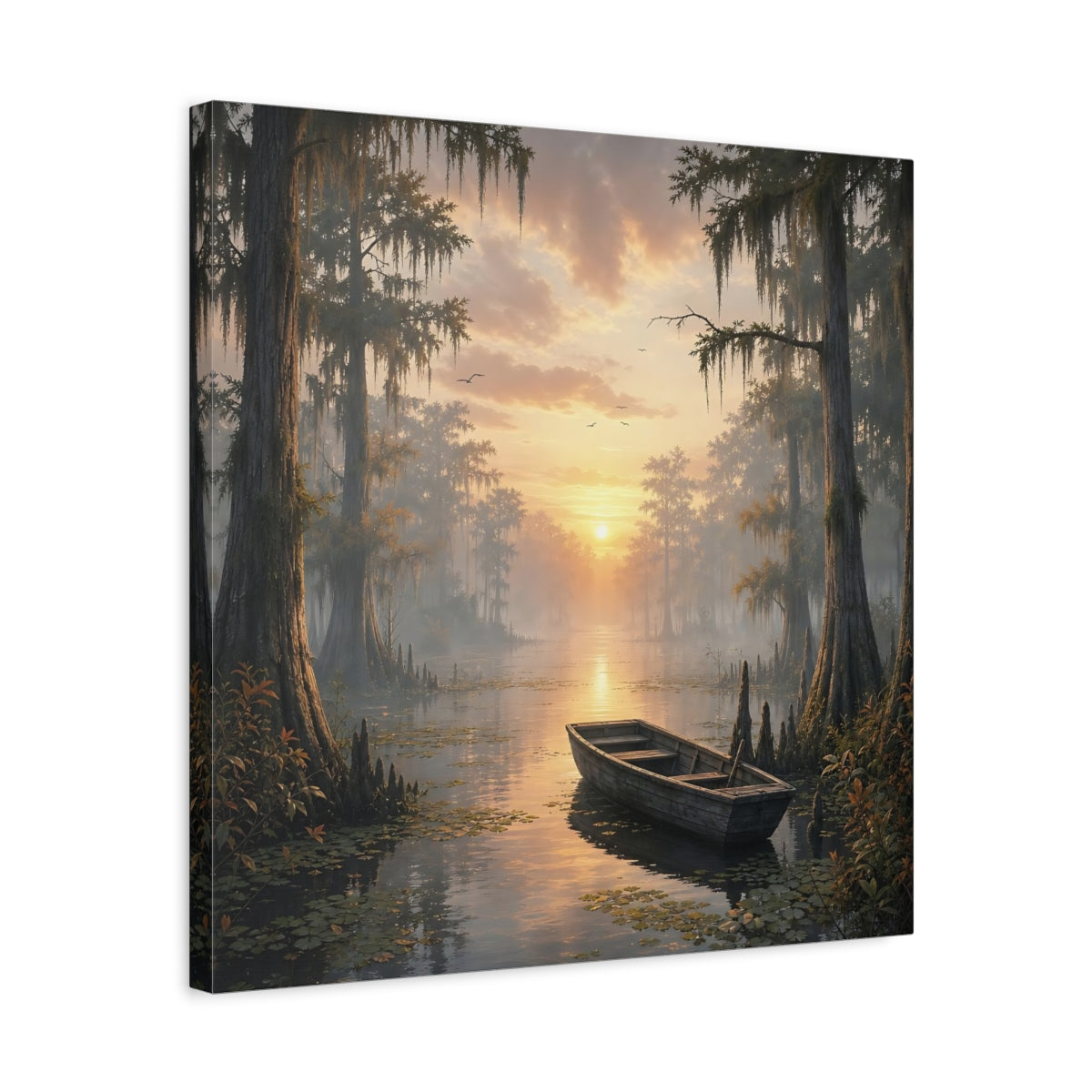 Side Mockup 5. Nature Cypress Swamp Golden Swamp Landscape shown as stretched canvas wall art