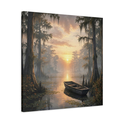 Side Mockup 4. Nature Cypress Swamp Golden Swamp Landscape shown as stretched canvas wall art
