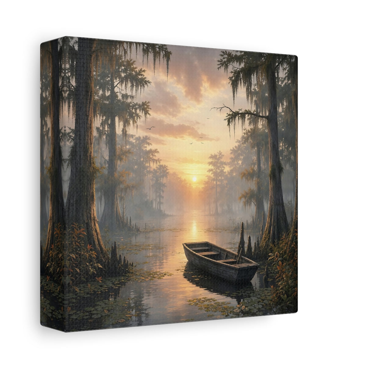 Side Mockup 2. Nature Cypress Swamp Golden Swamp Landscape shown as stretched canvas wall art