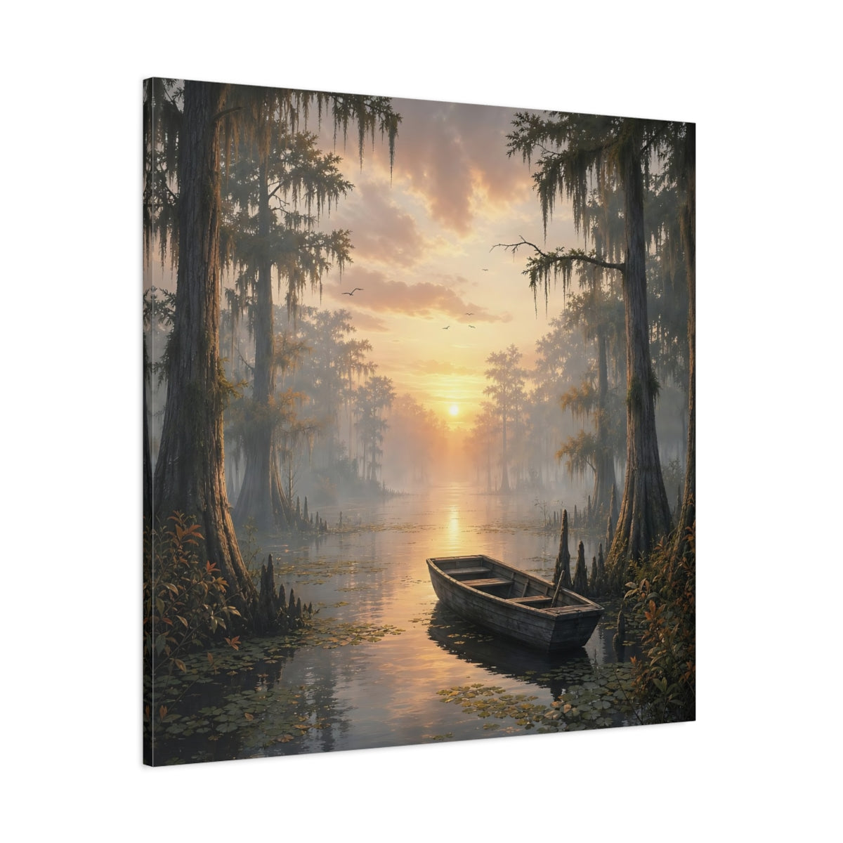 Side Mockup 1. Nature Cypress Swamp Golden Swamp Landscape shown as stretched canvas wall art
