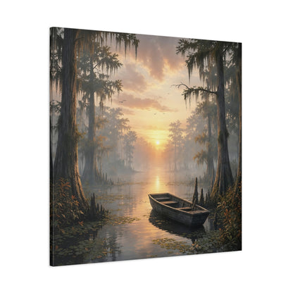 Side Mockup 1. Nature Cypress Swamp Golden Swamp Landscape shown as stretched canvas wall art