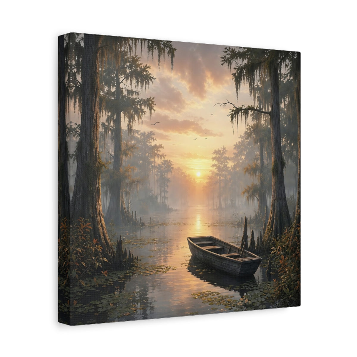 Side Mockup 8. Nature Cypress Swamp Golden Swamp Landscape shown as stretched canvas wall art