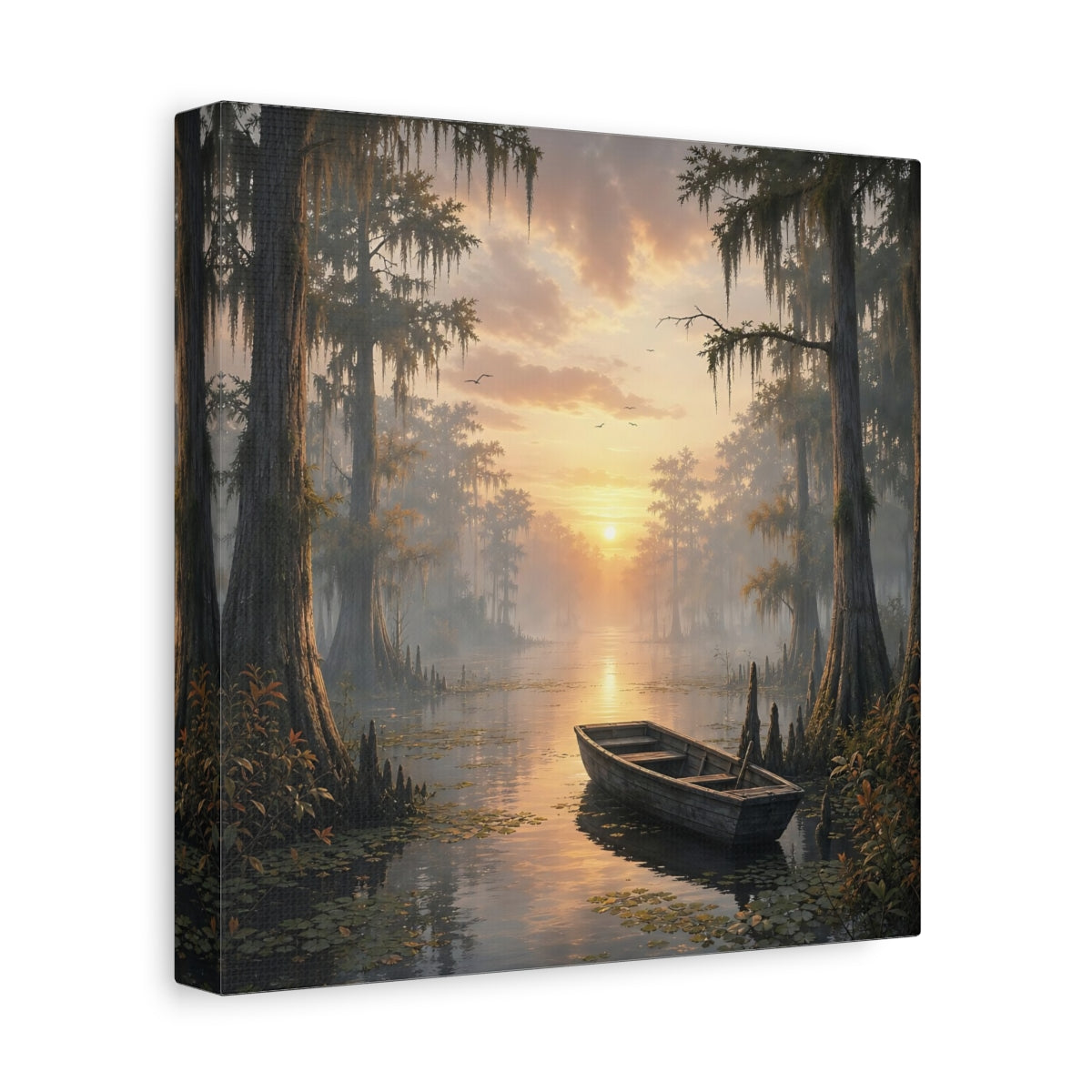 Side Mockup 9. Nature Cypress Swamp Golden Swamp Landscape shown as stretched canvas wall art