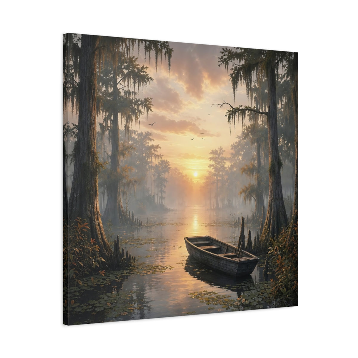 Side Mockup 3. Nature Cypress Swamp Golden Swamp Landscape shown as stretched canvas wall art