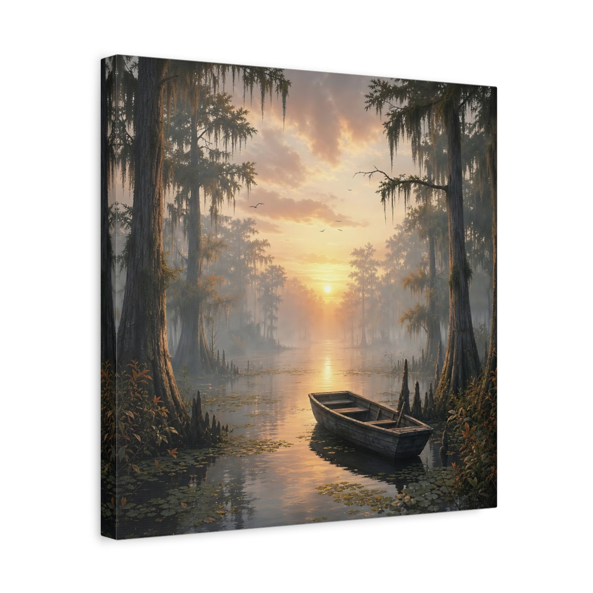 Side Mockup 6. Nature Cypress Swamp Golden Swamp Landscape shown as stretched canvas wall art