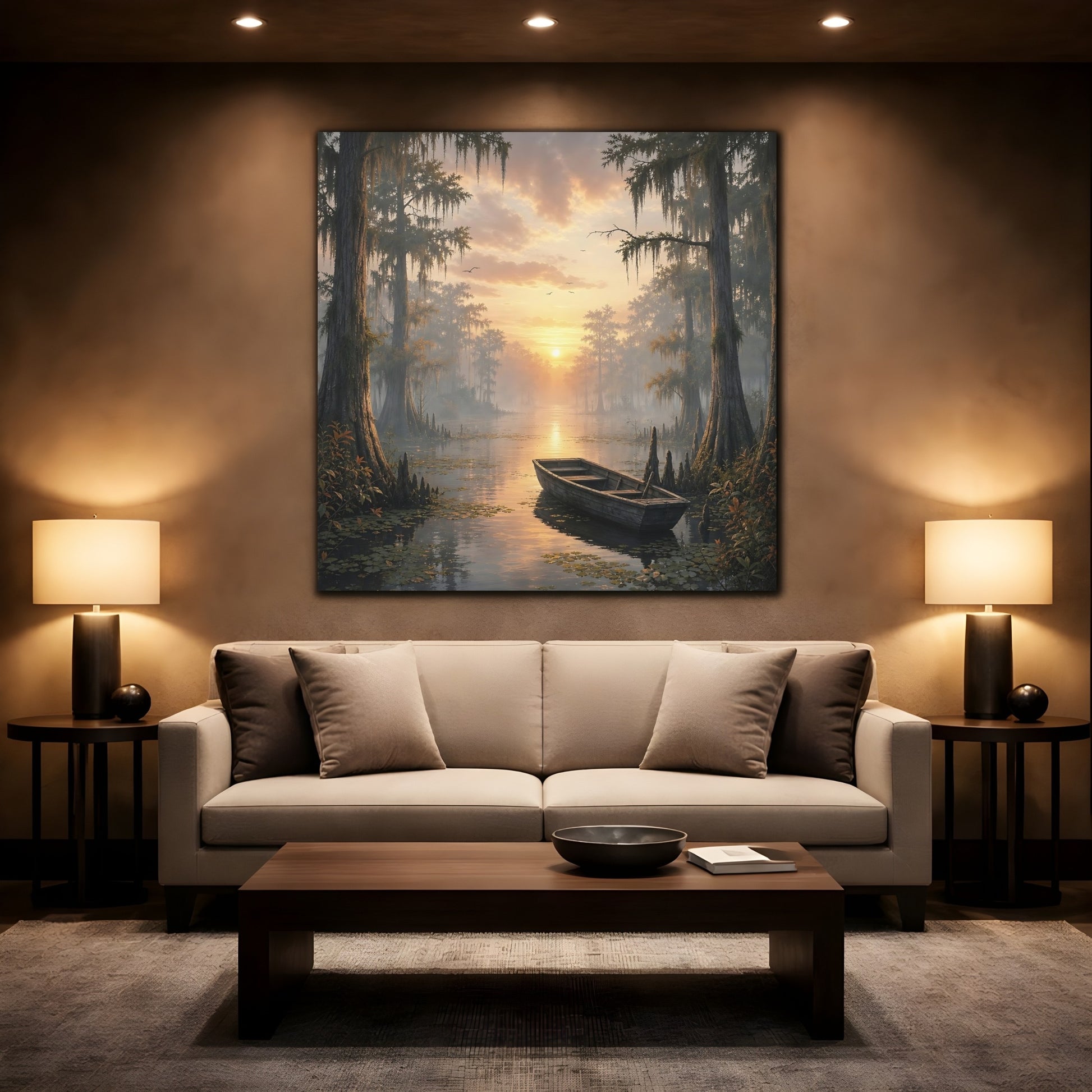 Mockup 2. Nature Cypress Swamp Golden Swamp Landscape shown as stretched canvas wall art
