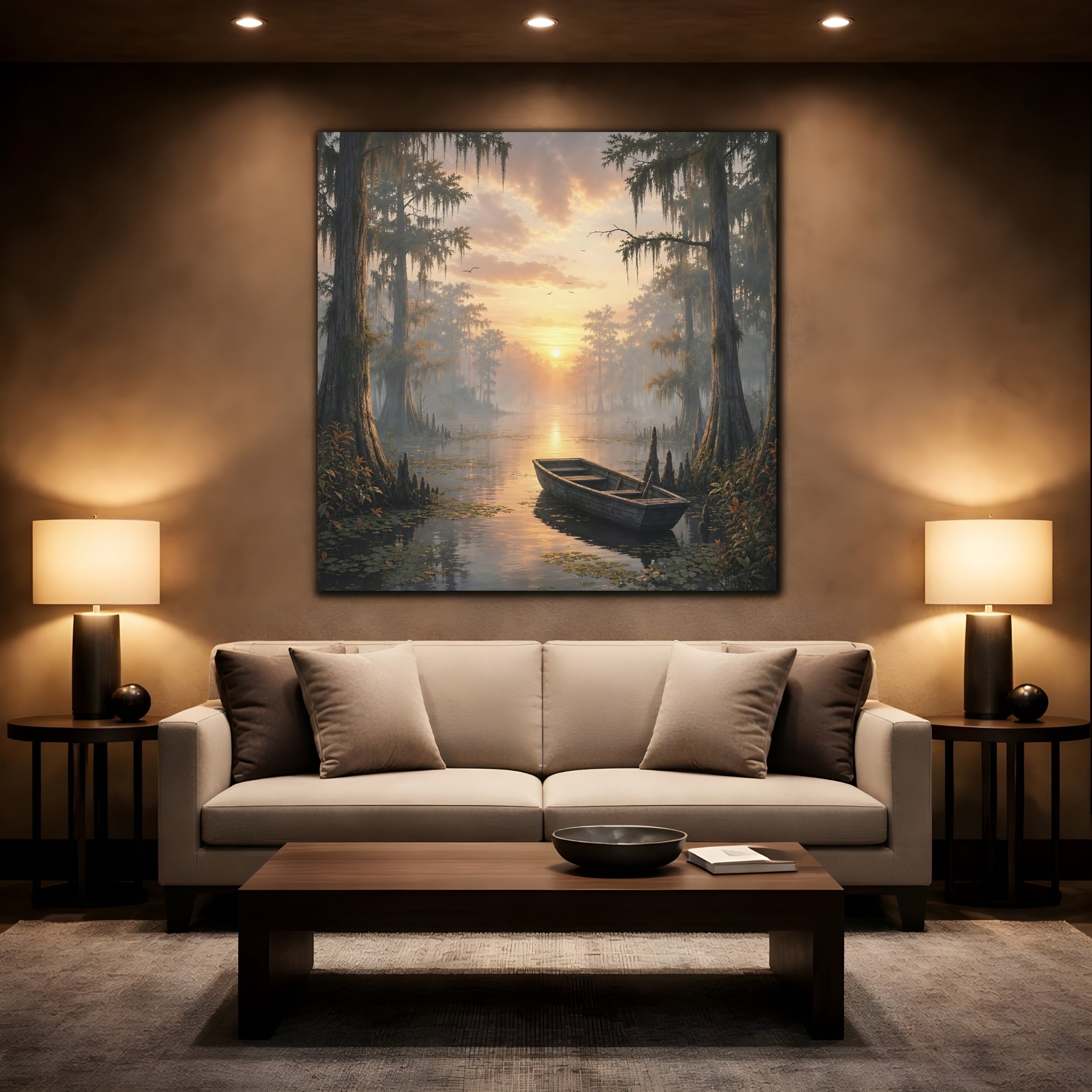 Mockup 2. Nature Cypress Swamp Golden Swamp Landscape shown as stretched canvas wall art