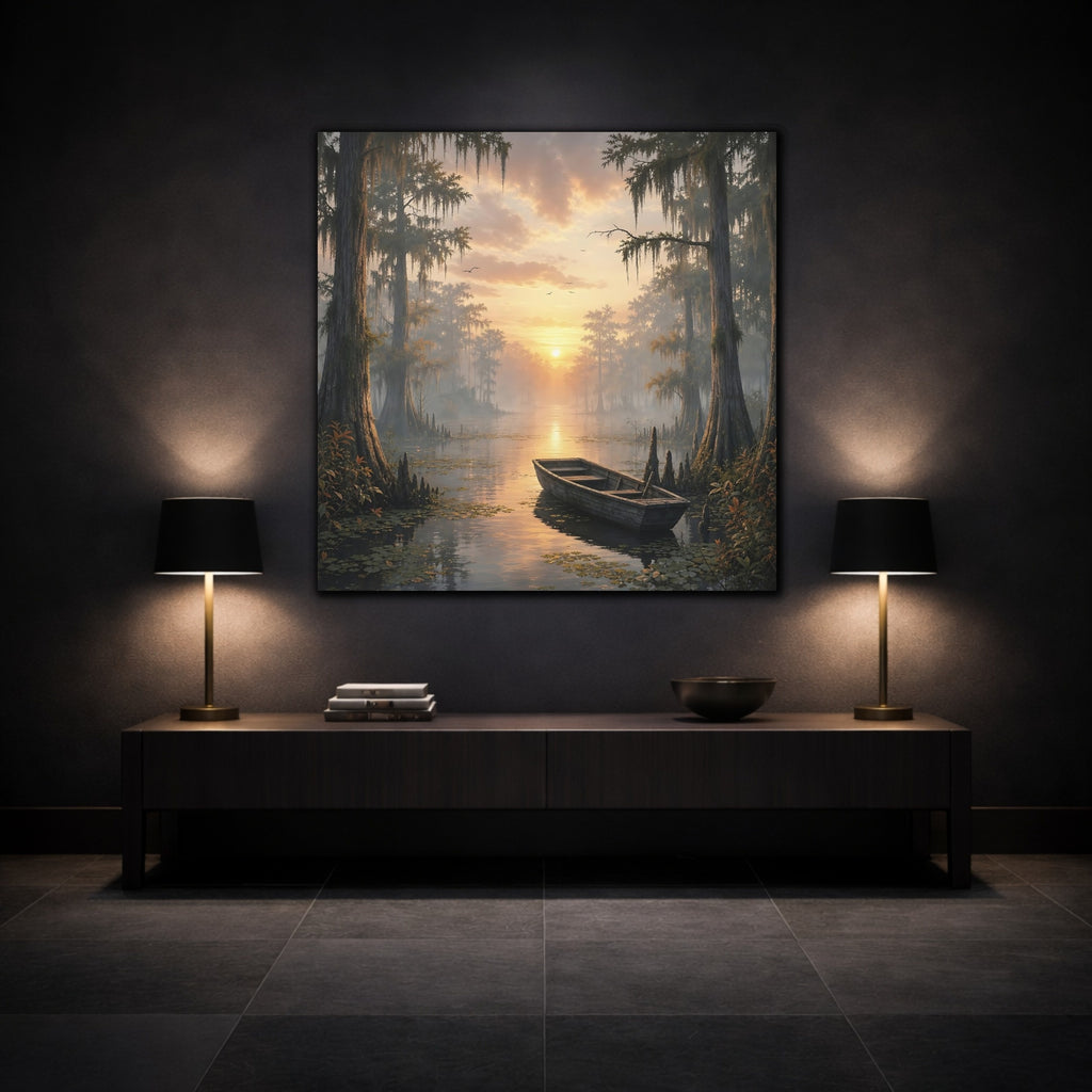 Mockup 3. Nature Cypress Swamp Golden Swamp Landscape shown as stretched canvas wall art