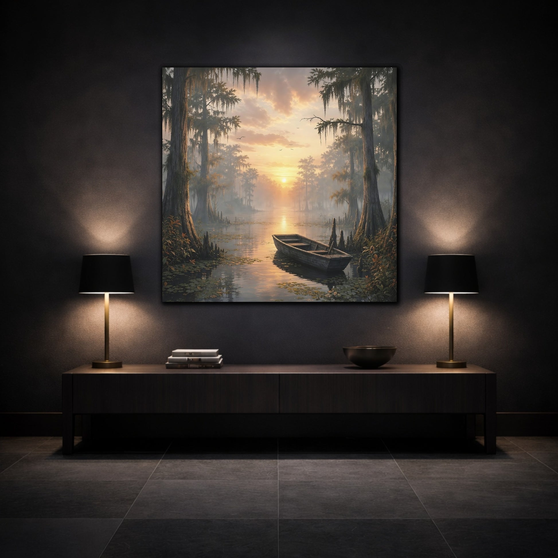 Mockup 3. Nature Cypress Swamp Golden Swamp Landscape shown as stretched canvas wall art