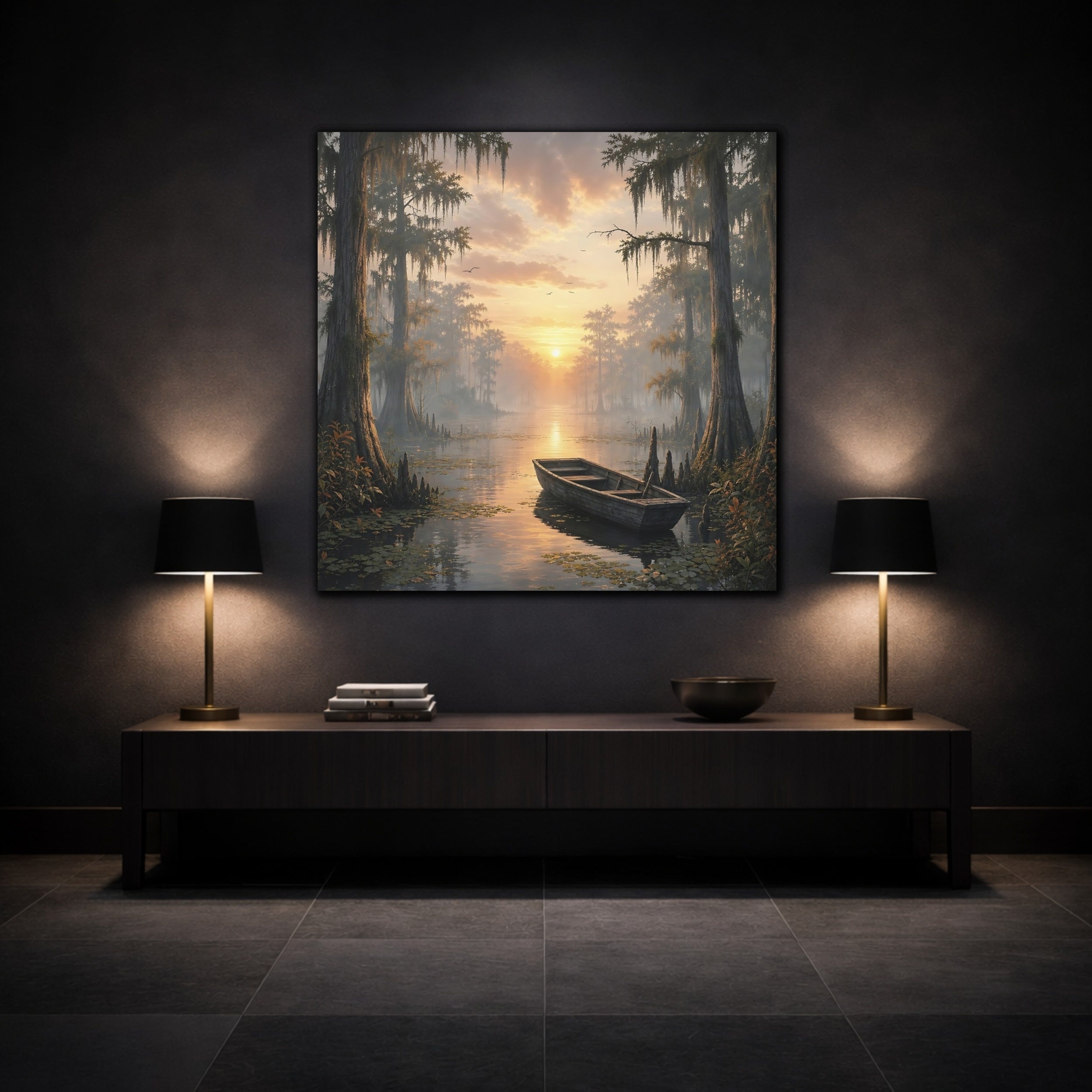 Mockup 3. Nature Cypress Swamp Golden Swamp Landscape shown as stretched canvas wall art