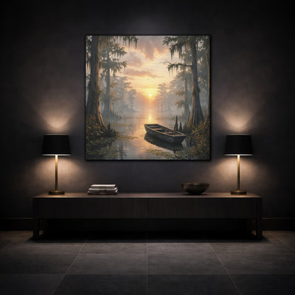 Mockup 3. Nature Cypress Swamp Golden Swamp Landscape shown as stretched canvas wall art
