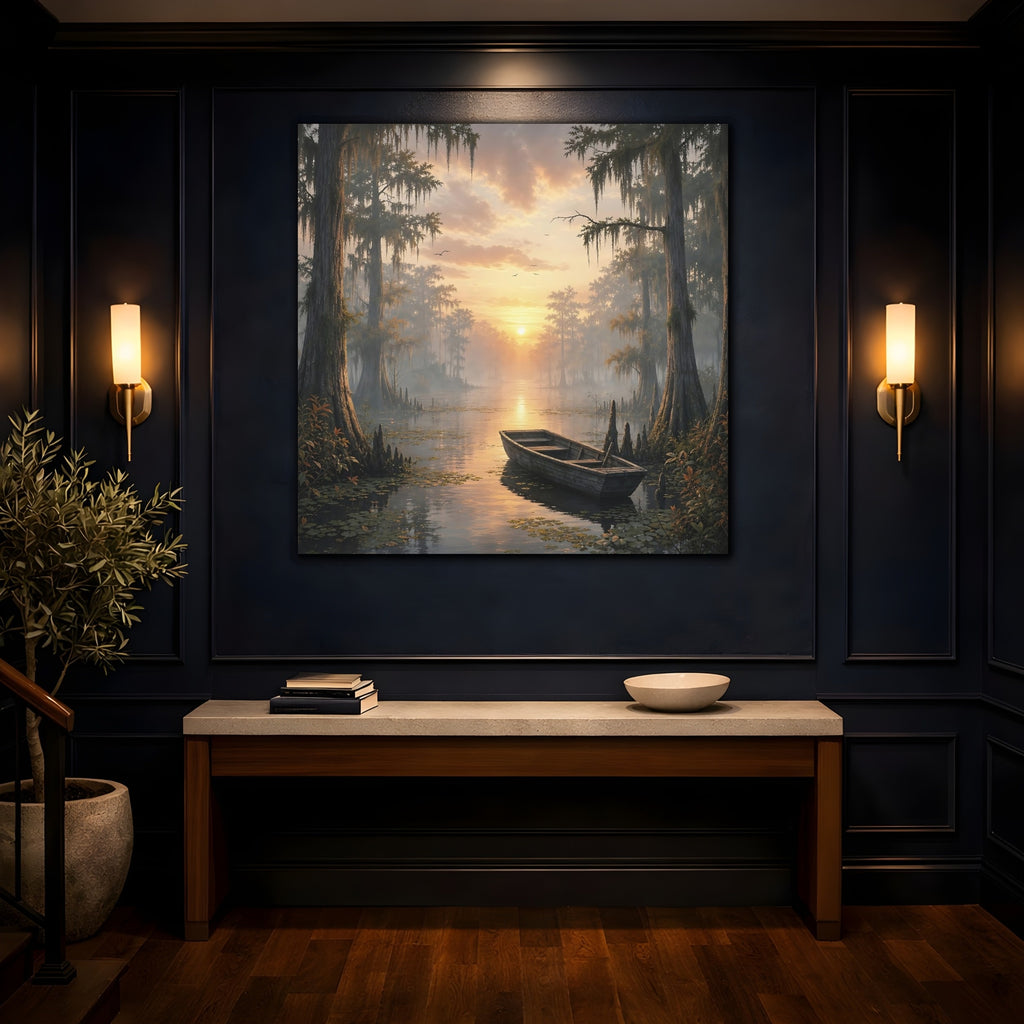 Mockup 4. Nature Cypress Swamp Golden Swamp Landscape shown as stretched canvas wall art