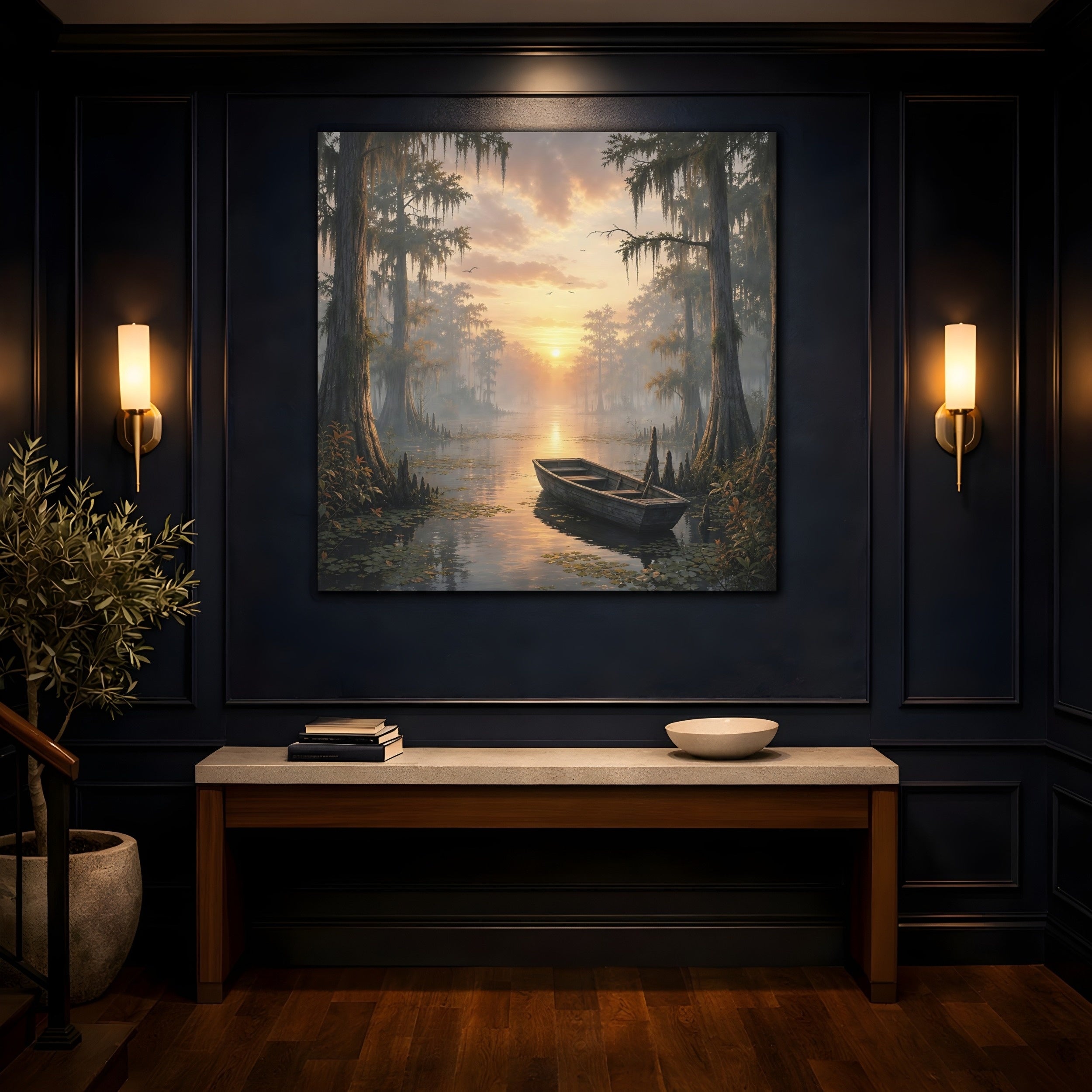 Mockup 4. Nature Cypress Swamp Golden Swamp Landscape shown as stretched canvas wall art