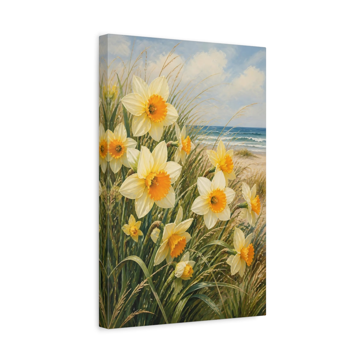 Side Mockup 4. Nature Daffodils Yellow Daffodils shown as stretched canvas wall art