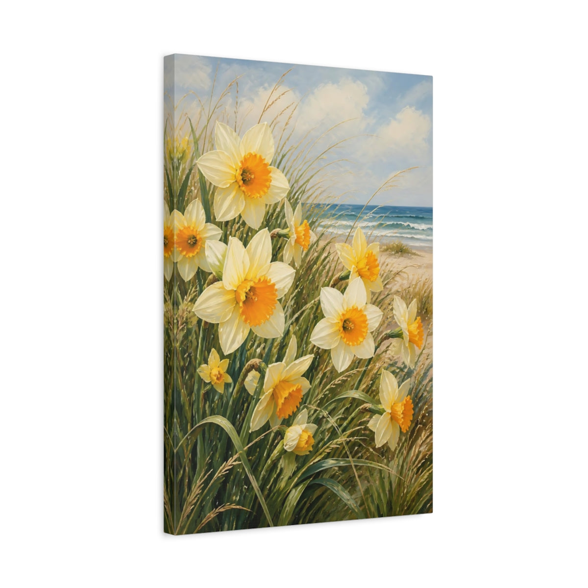 Side Mockup 3. Nature Daffodils Yellow Daffodils shown as stretched canvas wall art