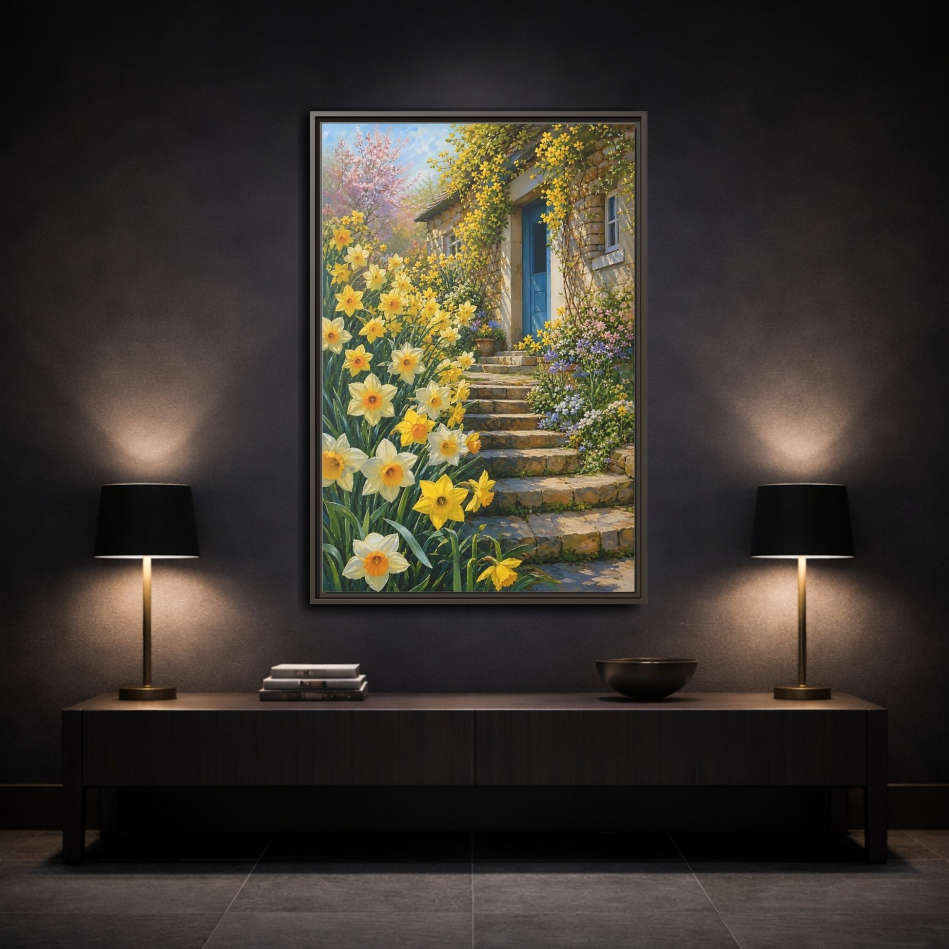 Mockup 3. Nature Daffodils Yellow Daffodil Garden shown as stretched canvas wall art