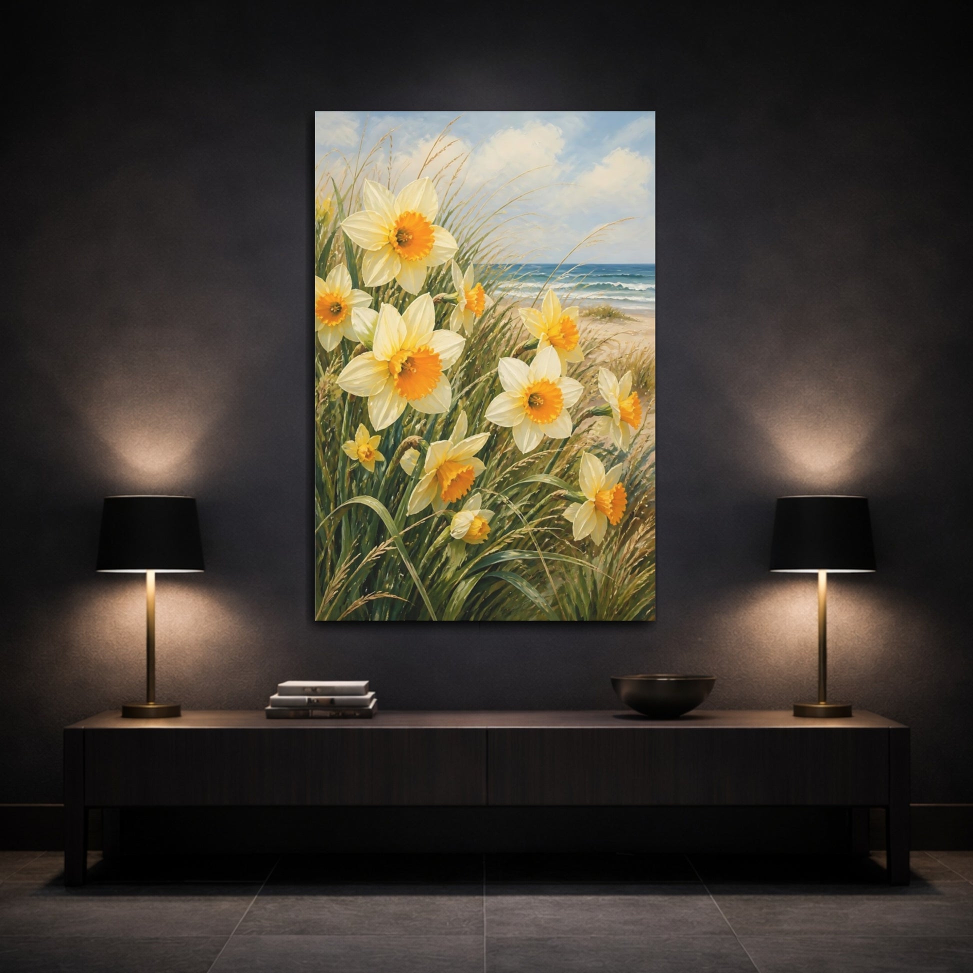 Mockup 3. Nature Daffodils Yellow Daffodils shown as stretched canvas wall art