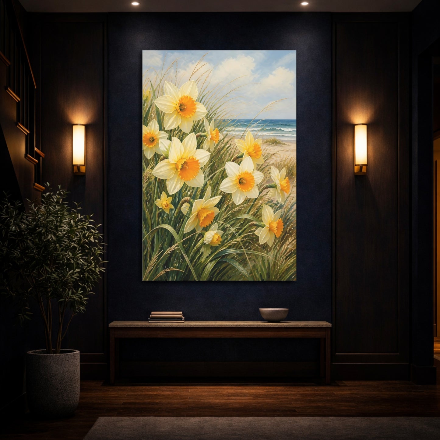 Mockup 4. Nature Daffodils Yellow Daffodils shown as stretched canvas wall art