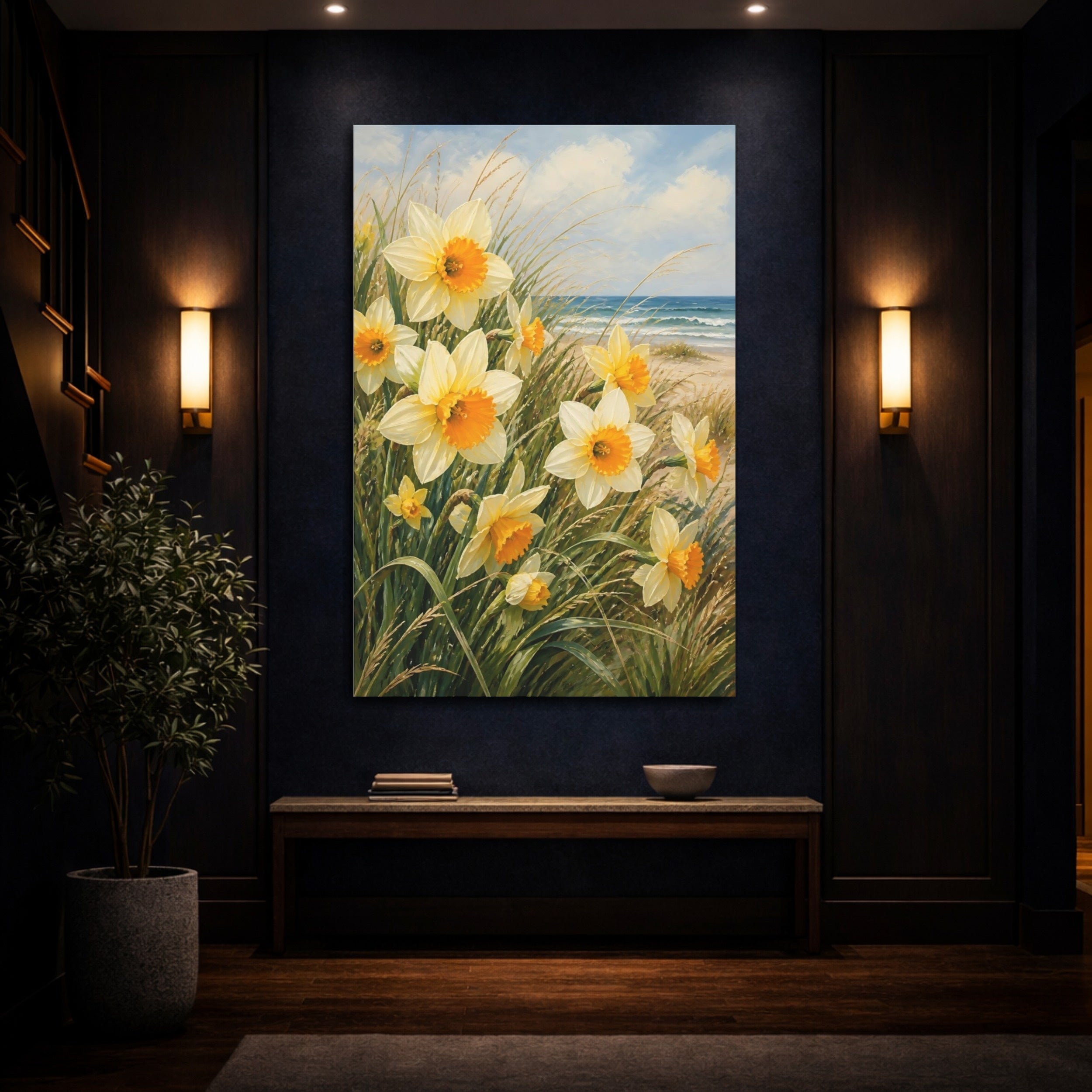 Mockup 4. Nature Daffodils Yellow Daffodils shown as stretched canvas wall art