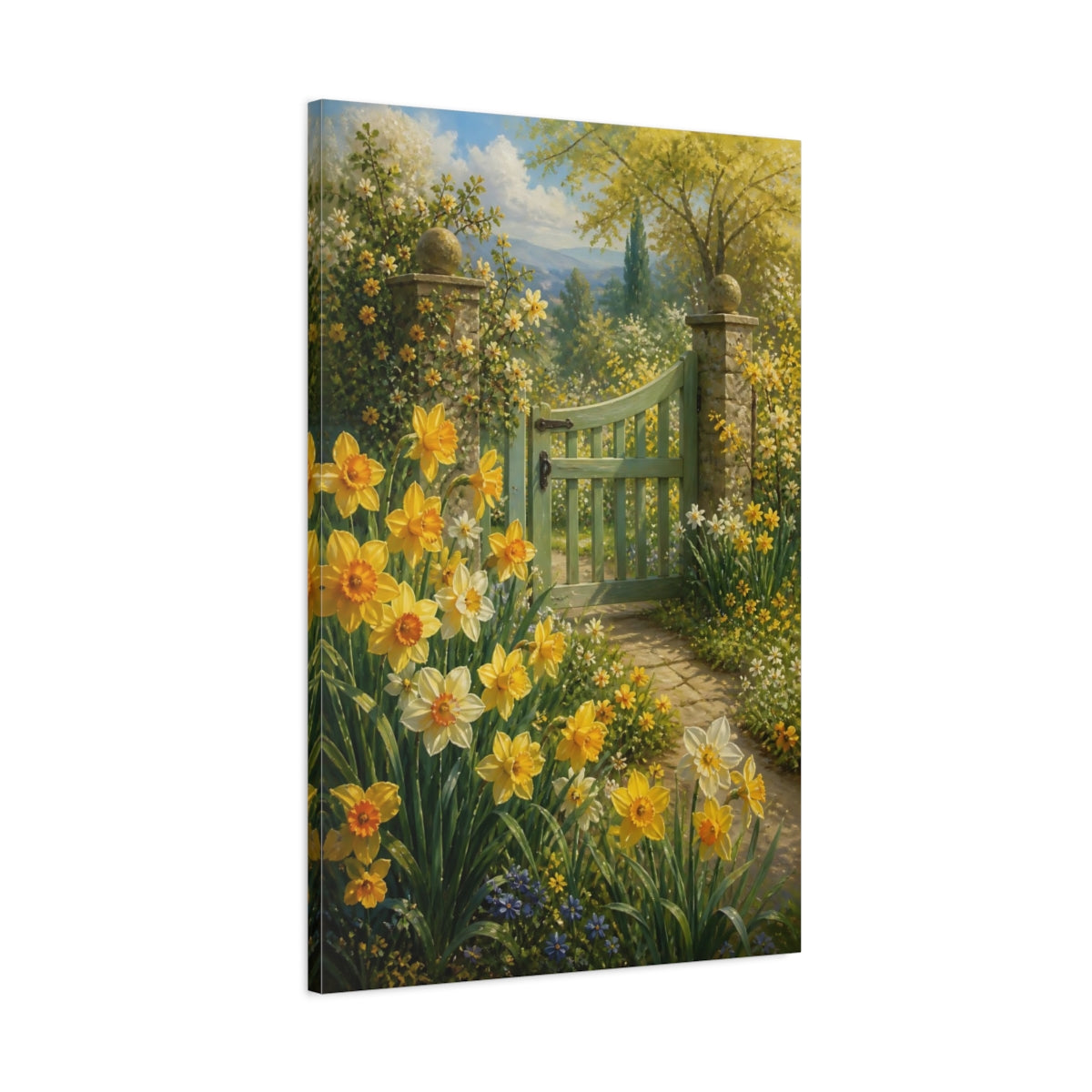 Main Mockup. Nature Daffodils Yellow Garden shown as stretched canvas wall art