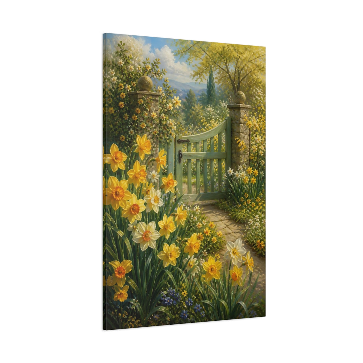Side Mockup 1. Nature Daffodils Yellow Garden shown as stretched canvas wall art