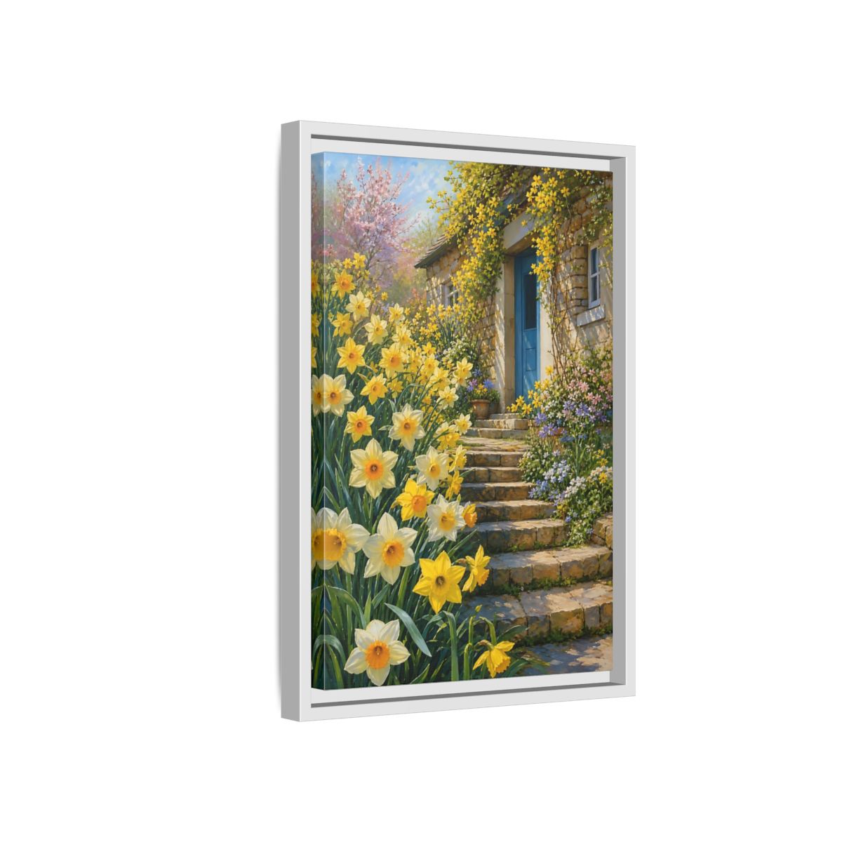 Side Mockup 4. Nature Daffodils Yellow Daffodil Garden shown as stretched canvas wall art