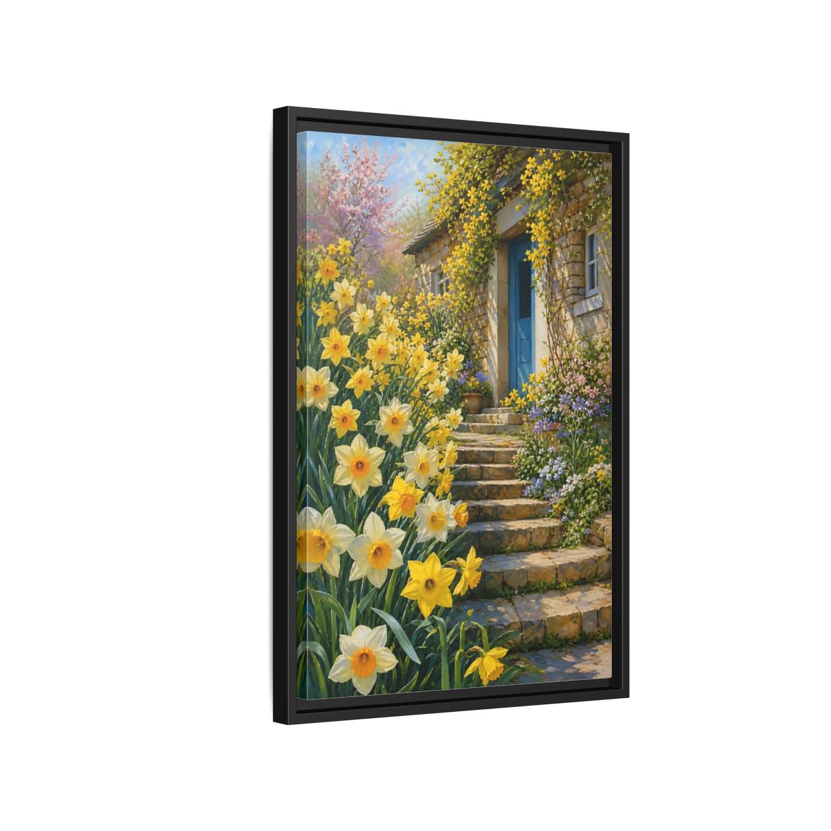 Side Mockup 3. Nature Daffodils Yellow Daffodil Garden shown as stretched canvas wall art
