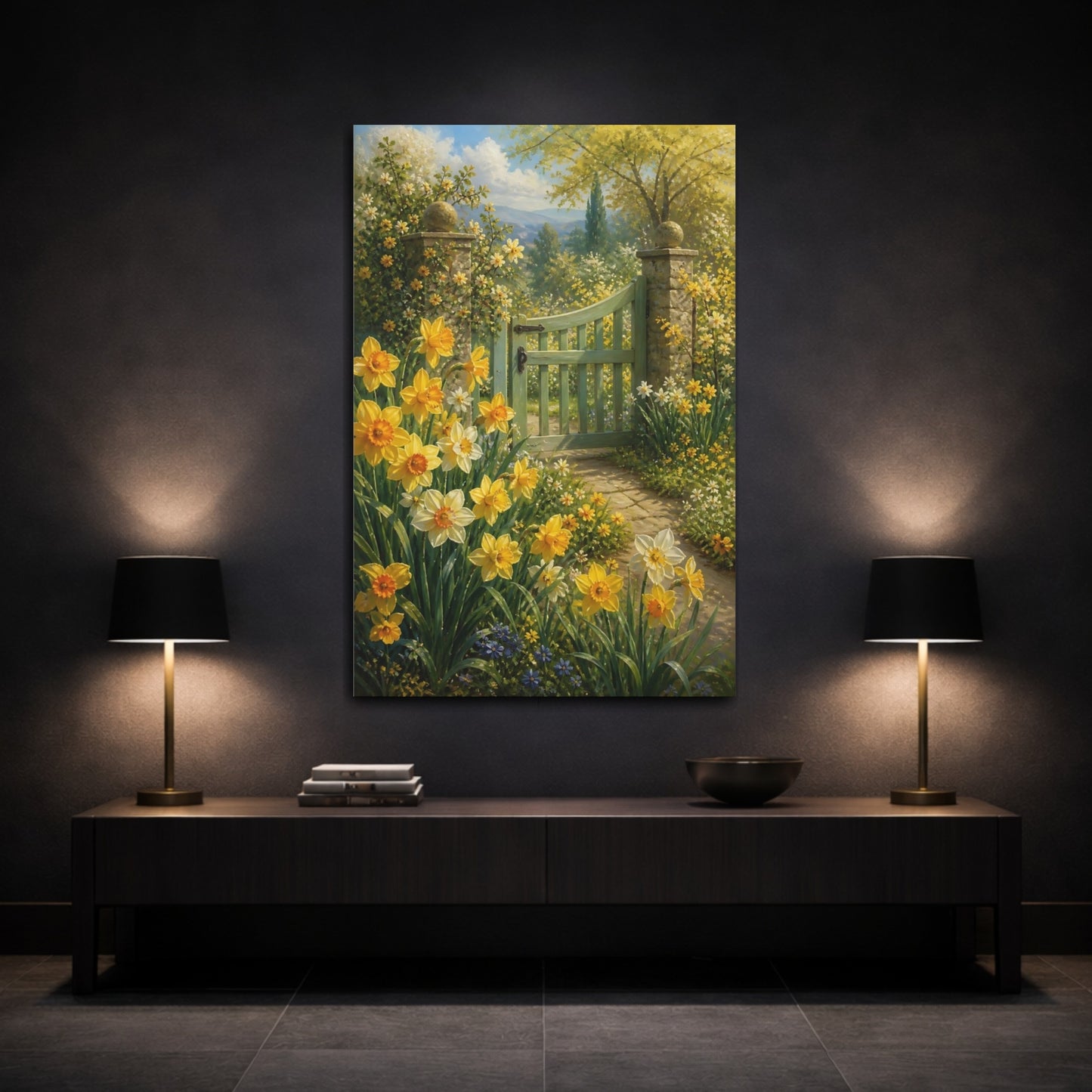 Mockup 3. Nature Daffodils Yellow Garden shown as stretched canvas wall art