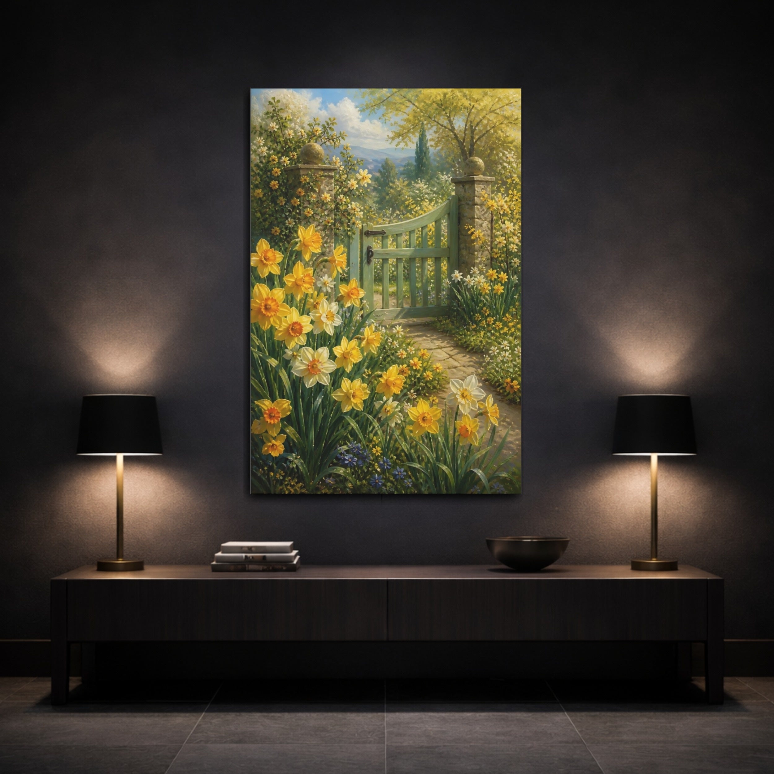 Mockup 3. Nature Daffodils Yellow Garden shown as stretched canvas wall art