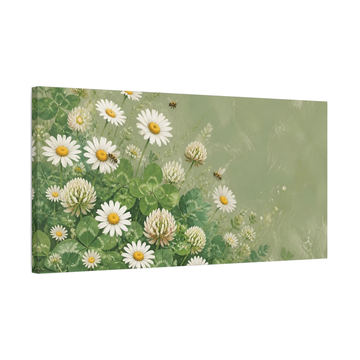 Side Mockup 1. Nature Daisies Clover Green And White Floral shown as stretched canvas wall art