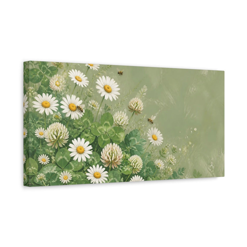 Side Mockup 3. Nature Daisies Clover Green And White Floral shown as stretched canvas wall art