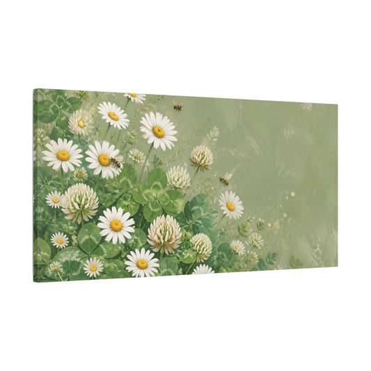 Main Mockup. Nature Daisies Clover Green And White Floral shown as stretched canvas wall art