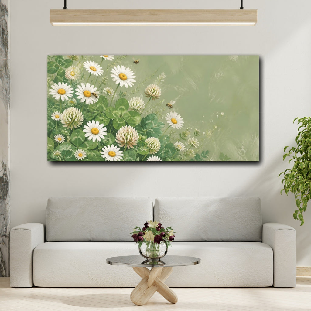 Mockup 2. Nature Daisies Clover Green And White Floral shown as stretched canvas wall art