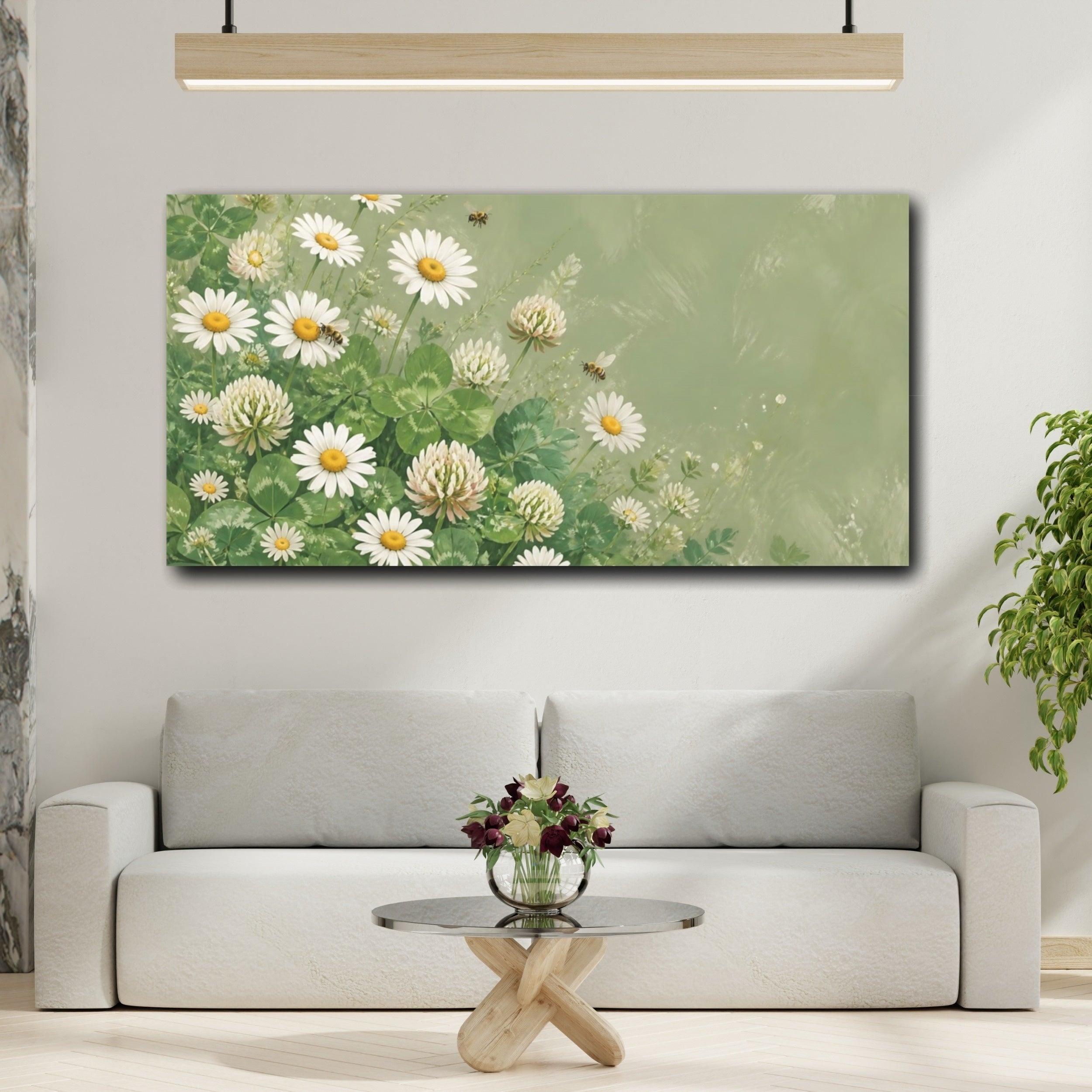 Mockup 2. Nature Daisies Clover Green And White Floral shown as stretched canvas wall art