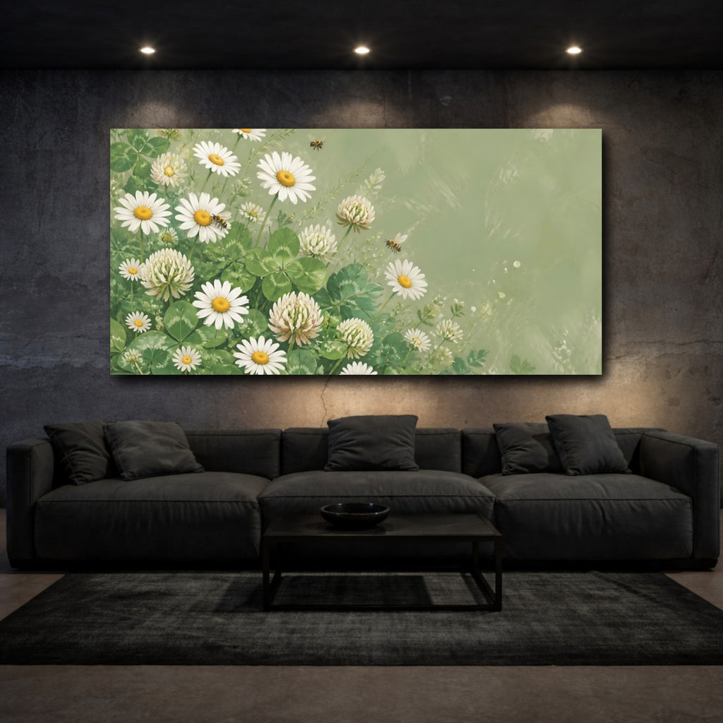 Mockup 3. Nature Daisies Clover Green And White Floral shown as stretched canvas wall art