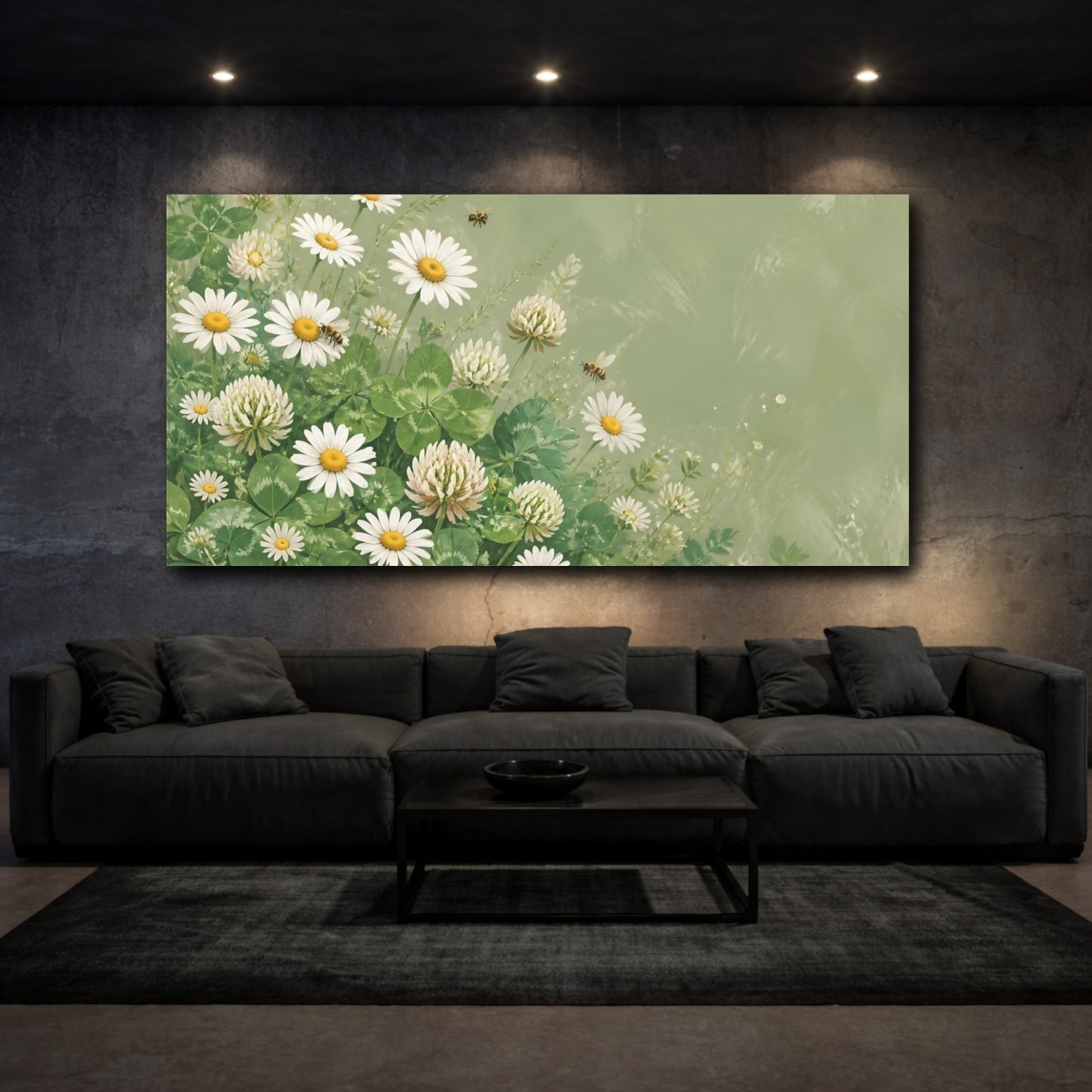 Mockup 3. Nature Daisies Clover Green And White Floral shown as stretched canvas wall art