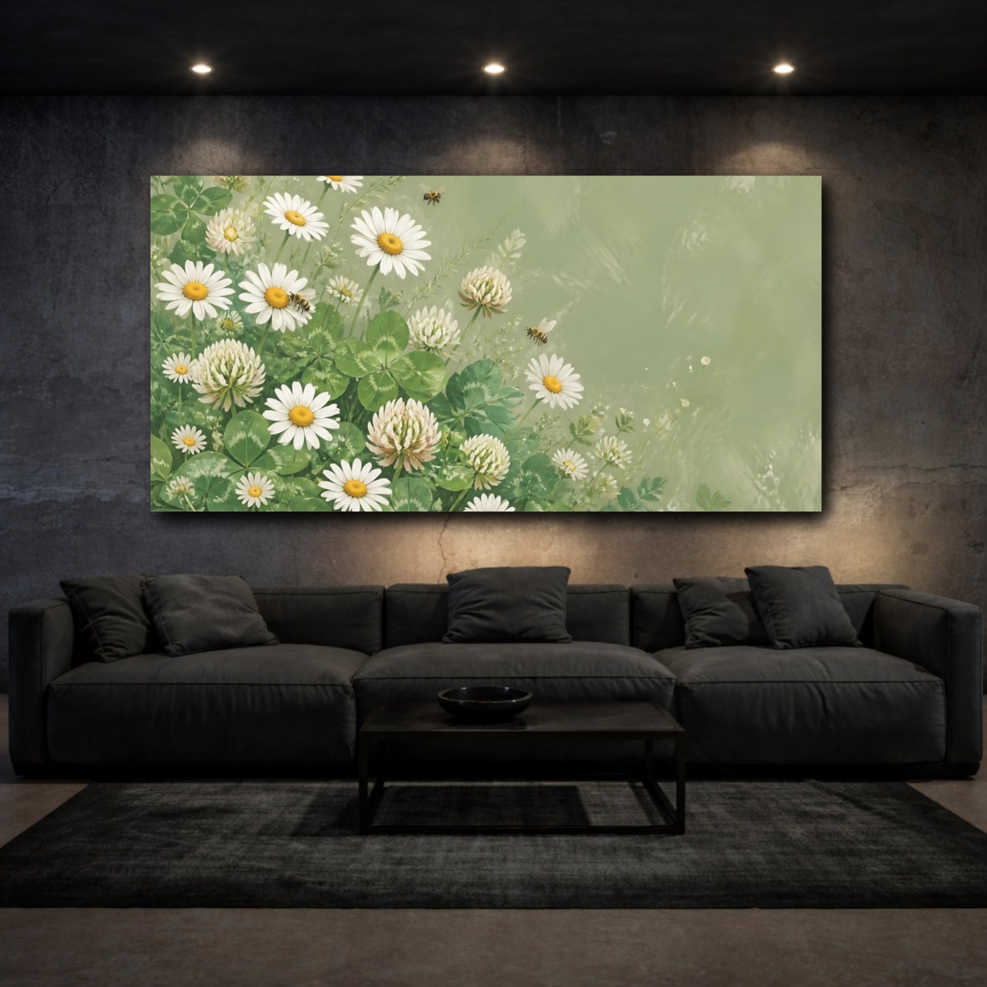 Mockup 3. Nature Daisies Clover Green And White Floral shown as stretched canvas wall art