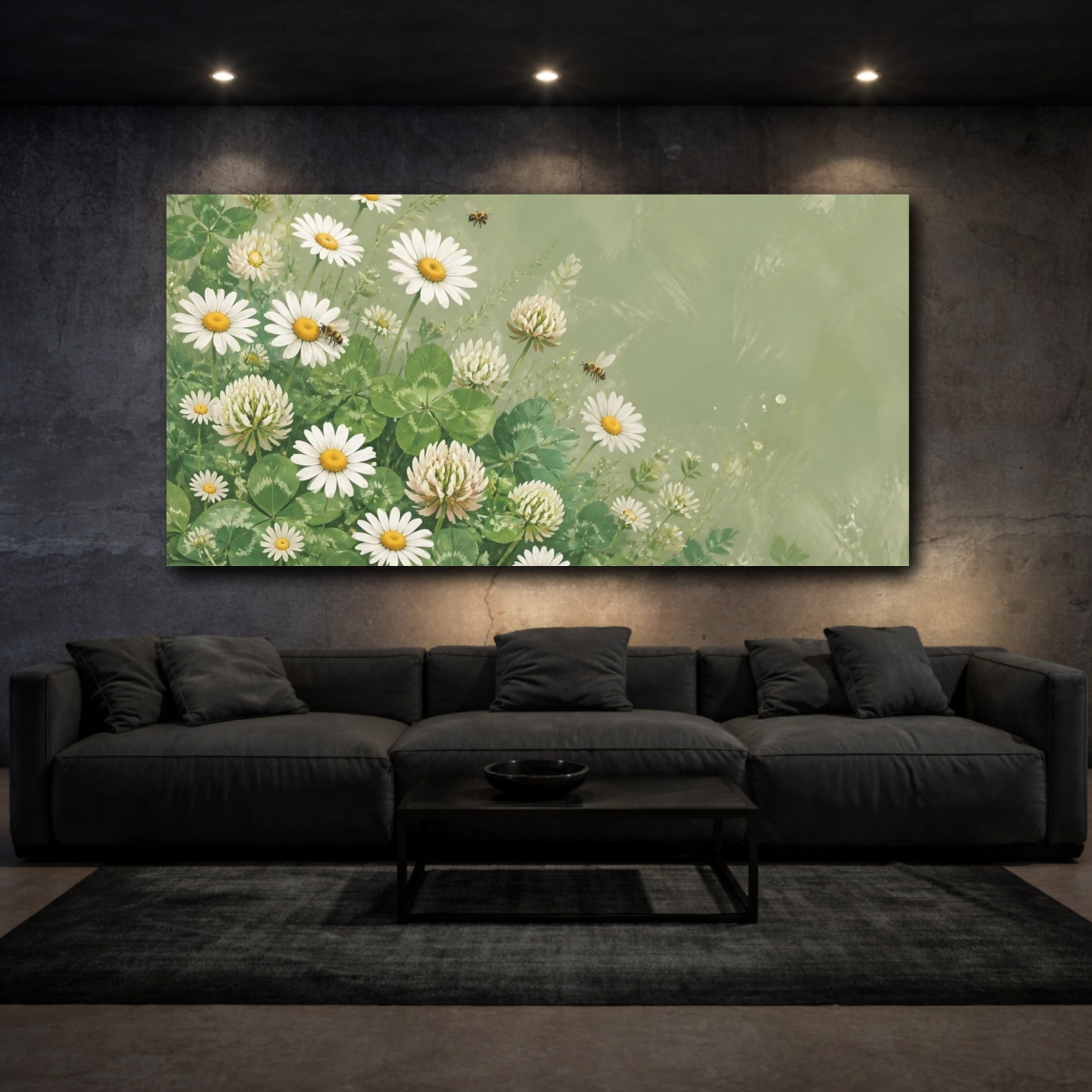 Mockup 3. Nature Daisies Clover Green And White Floral shown as stretched canvas wall art