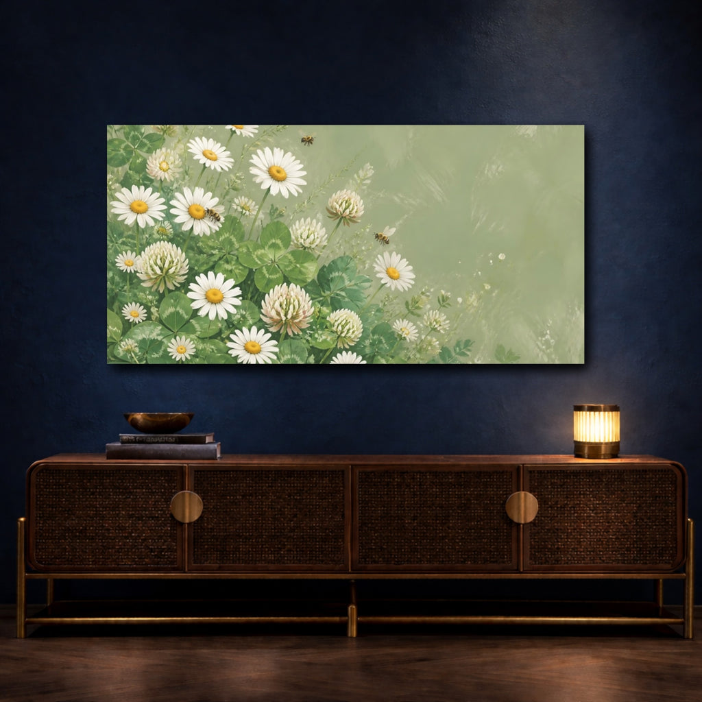 Mockup 4. Nature Daisies Clover Green And White Floral shown as stretched canvas wall art