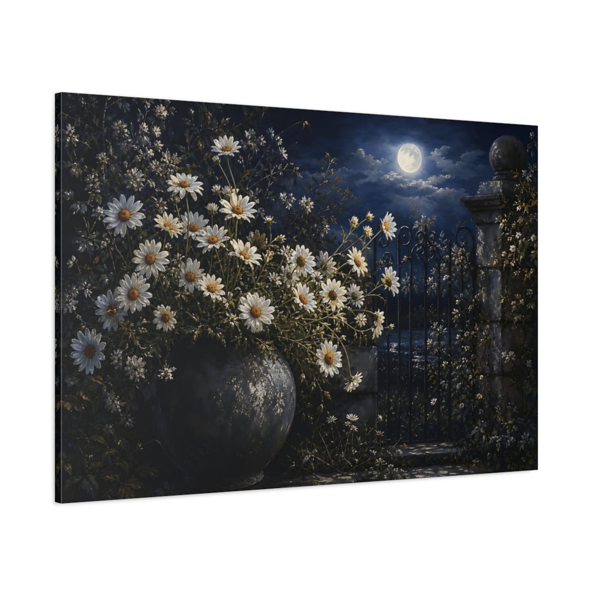 Side Mockup 1. Nature Daisies Moonlit Daisies shown as stretched canvas wall art