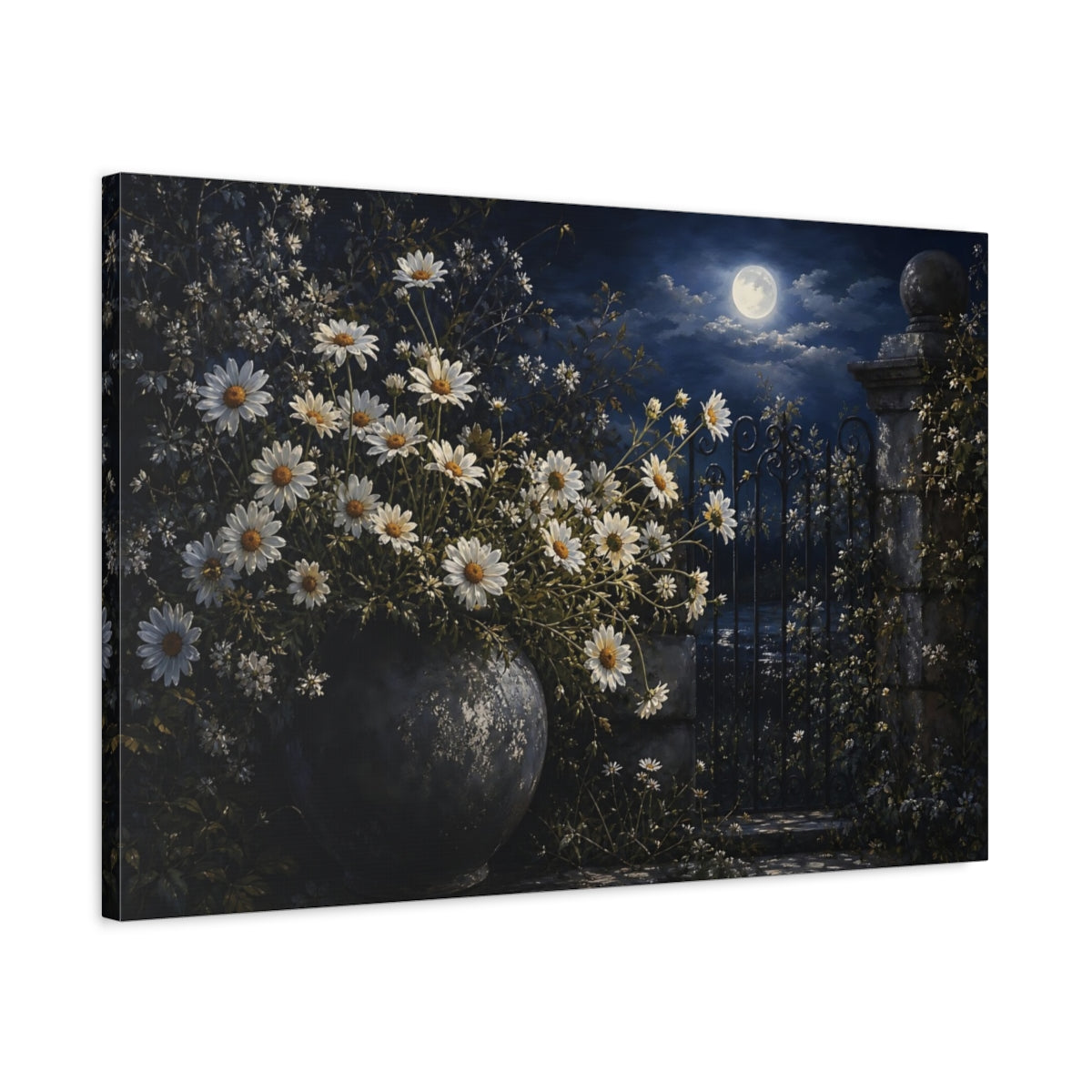 Side Mockup 2. Nature Daisies Moonlit Daisies shown as stretched canvas wall art